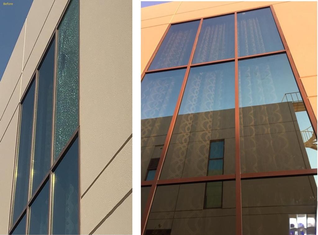 Before and after of a shattered building facade glass panel replaced