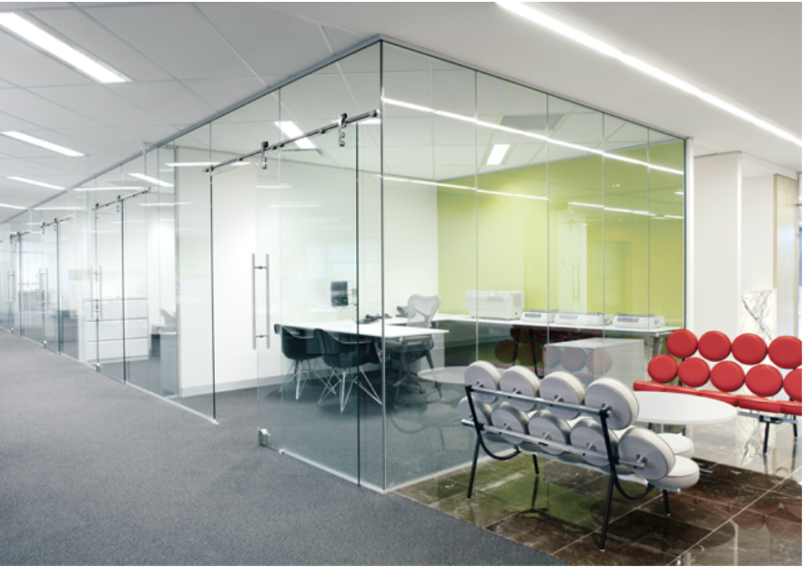 Office glass partitions with sliding glass doors installed in Dubai