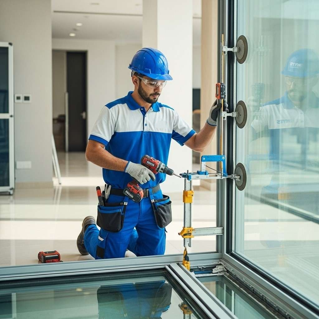 Technician setting glass into an aluminium window frame with suction cups