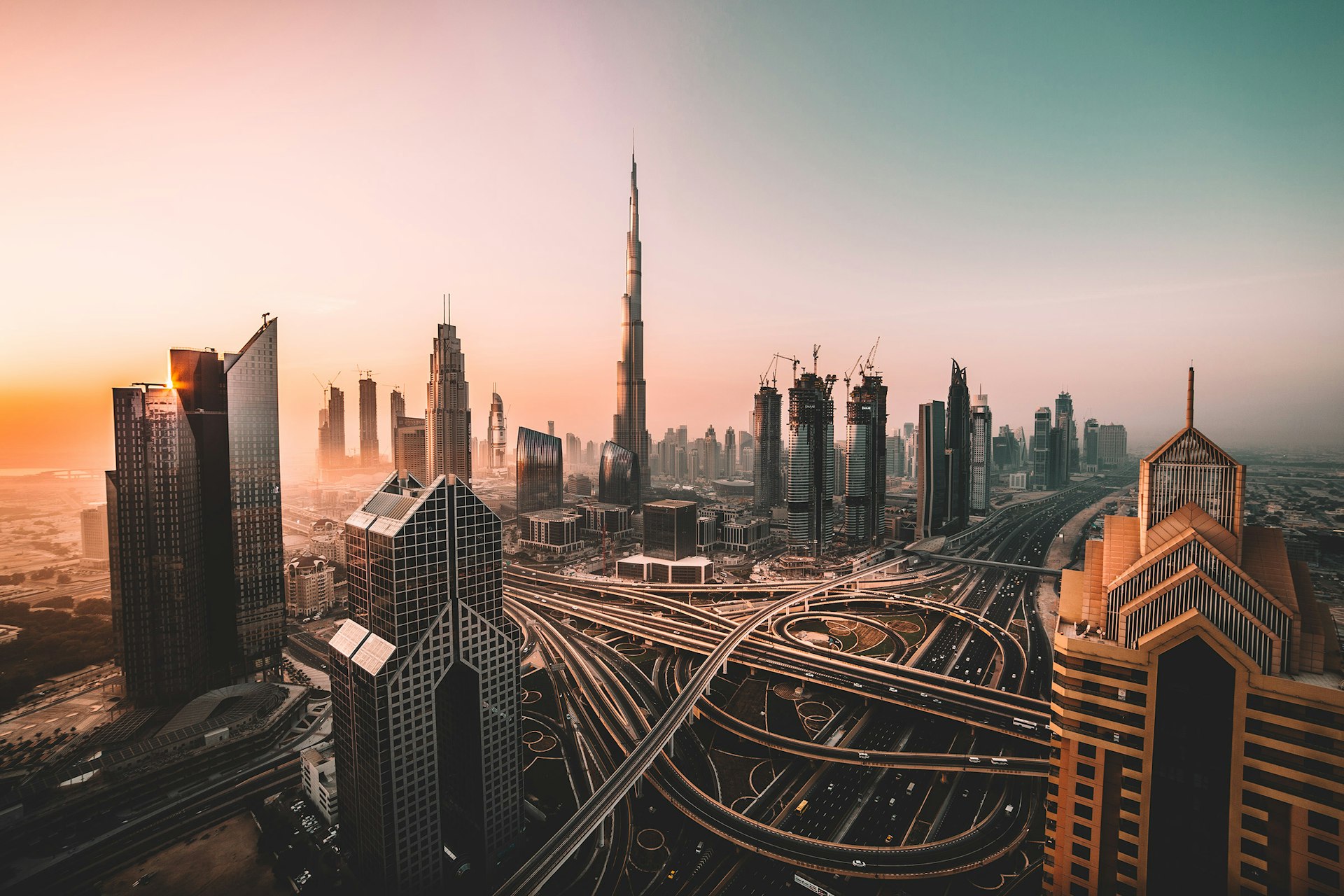 Dubai city skyline at sunset