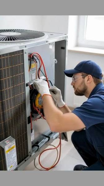 AC technician repairing the fan motor and wiring of a packaged air conditioning unit