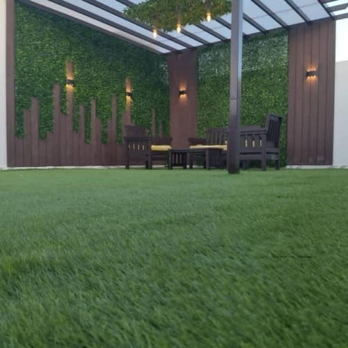 Artificial grass lawn installation with pergola and stepping stones — project 6