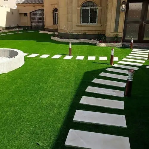 Artificial grass lawn installation with pergola and stepping stones — project 21