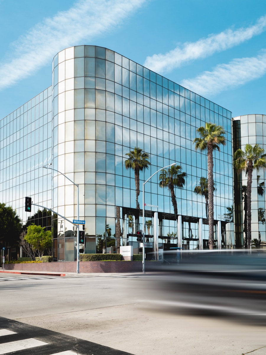 Curved glass shopfront building facade
