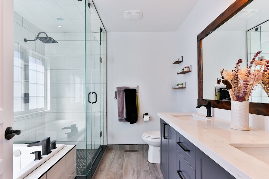 Frameless glass shower enclosure in bathroom